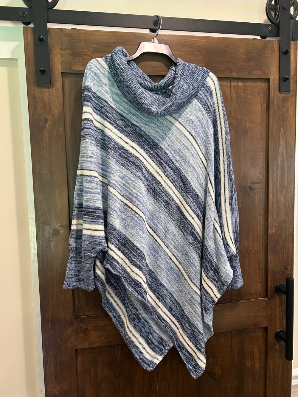 M222 Catherines Blue & White Striped Cowl-Neck Poncho - Size 2X/3X